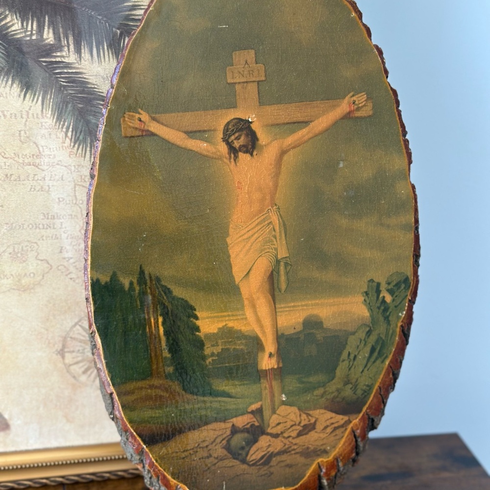 Vintage Religious picture Rustic Christian painting live edge wood Cabin Decor